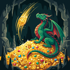 A green dragon guards a massive pile of gold in a cave © Zidna