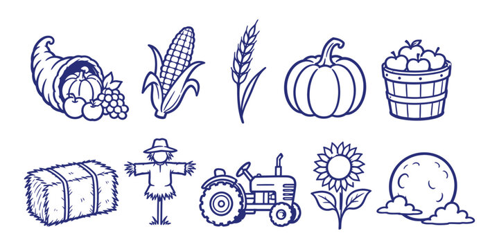 thanksgiving autumn harvest element collection doodle icon set vector illustration