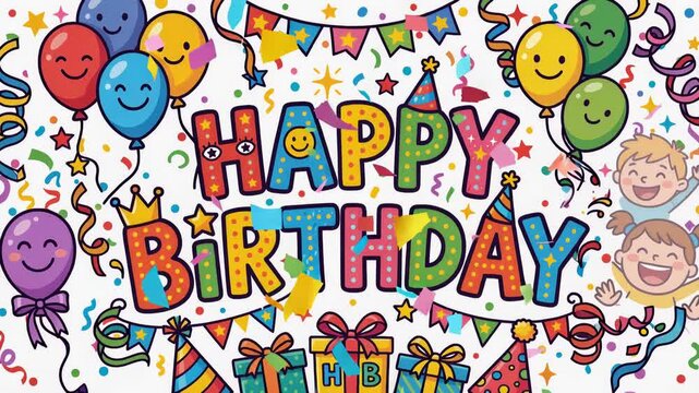 Cartoon-style "Happy Birthday" lettering with colorful balloons, confetti, streamers, gift boxes, party hats, playful stars, festive banner, 4K video