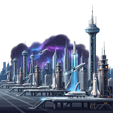 Futuristic Spaceport City Skyline with Shuttles and Launch Pads