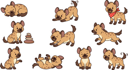 Cute baby hyena cartoon collection featuring playful African wildlife cubs in different poses, adorable safari animals, and kawaii vector illustration set © sumi