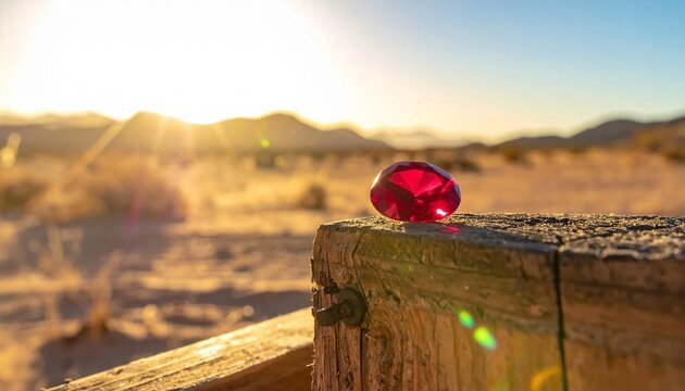 A single red jewel rests on a weathered wooden post in the desert at sunset.