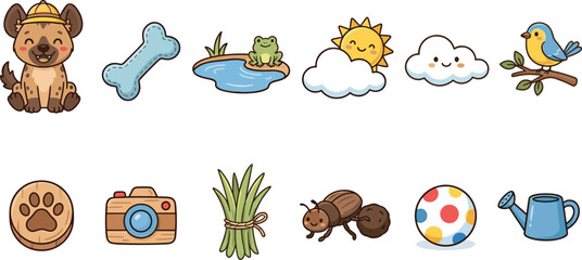 Cute baby hyena safari elements collection featuring playful wildlife icons, pond, bird, sun, cloud, paw print, camera, and nature vector illustration set © sumi