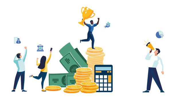 Business presentation. People, wealth accumulation, gold coins, financial growth, Golden cup, finish. Workers, businessmen discuss finances, contract, development, calculations. Vector illustrations
