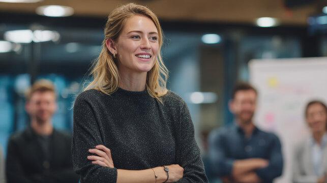 Confident Woman Leading Presentation in High Tech Boardroom, Female Business Leader Conducting Corporate Meeting with Blurred Colleagues