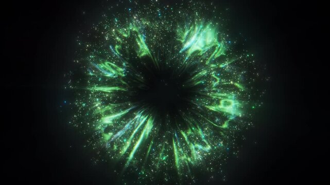 4K Green Glitter Particle Explosion Abstract Light Burst Background Animation Video, Energy Glow Particles Isolated on Black for Motion Graphics, Overlays, Intro