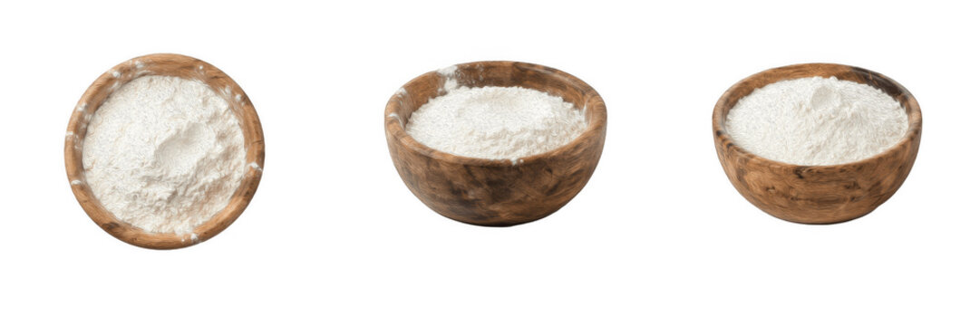 Wooden bowls filled with white flour and baking ingredients isolated on white background cooking photography elements
