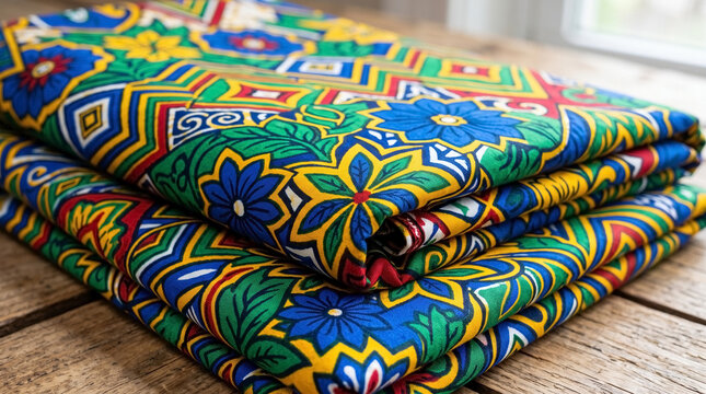 African wax print fabric with vibrant floral patterns folded on wooden table. Ankara fabric features intricate designs with colorful flowers and geometric shapes, making it perfect for fashion,