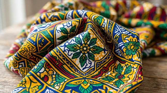 Colorful african wax print fabric with intricate patterns on wooden surface. Bright design showcases vibrant colors and floral motifs, emphasizing cultural heritage and craftsmanship.