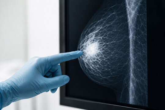 Doctor pointing at suspicious breast lesion on mammogram during breast cancer screening examination