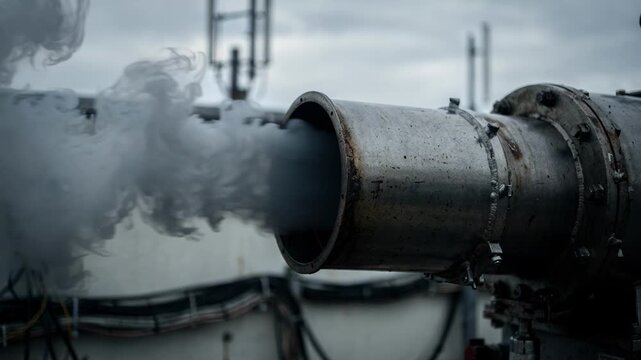 Diesel generator exhaust pipe emitting smoke during a test run main exhaust area in focus transmitter and cables softened in background.