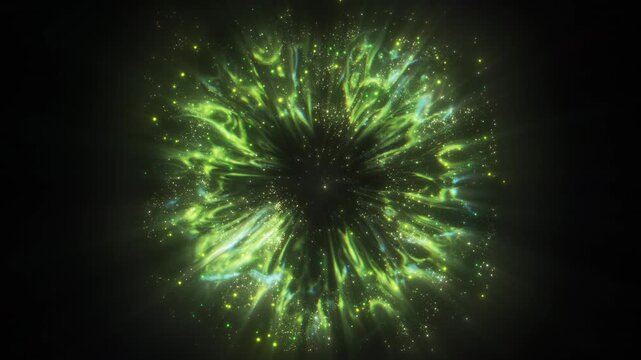 4K Green Glitter Particle Explosion Abstract Light Burst Background Animation Video, Energy Glow Particles Isolated on Black for Motion Graphics, Overlays, Intro