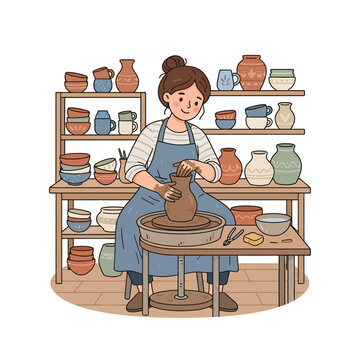 Skilled artisan woman crafting a unique ceramic pot on a pottery wheel in her creative studio. This illustration captures the serene and focused process of handmade pottery creation