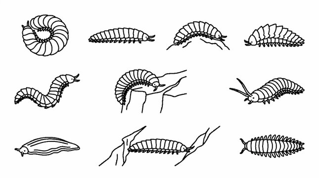 A collection of various insect larvae and worm like creatures in black and white line art.
