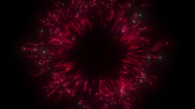 4K Red Particle Explosion with Glowing Sparkles and Light Rays. Energy Burst Abstract 3D Motion Graphics Background Video, 2160p