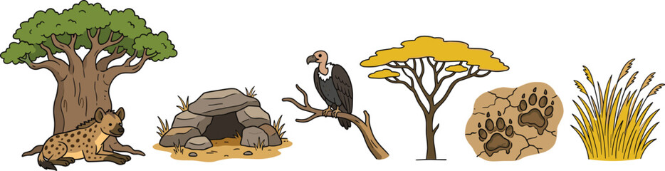 African savanna wildlife habitat collection featuring baobab tree, acacia tree, hyena den, vulture, animal tracks, and safari grassland vector illustration set © sumi