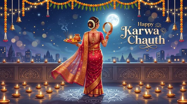 Happy Karwa Chauth Moon Worship Poster with Indian Woman on Rooftop Premium Festival Illustration