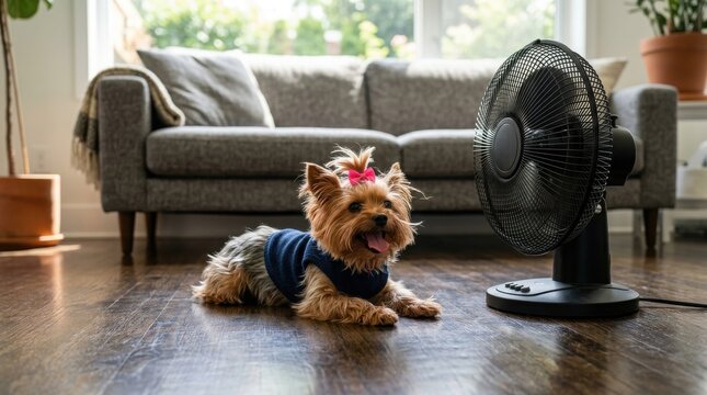 Cute dog wearing sweater relaxing by fan on wooden floor , El Ni&ntilde;o