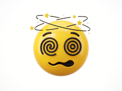 3D dizzy emoji character with spiral eyes, wavy mouth, and spinning yellow stars isolated on white background. 3d rendering