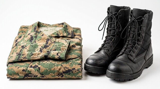 Folded army camouflage uniform combat boots on white. Military set includes digital pattern jacket and durable black leather combat boots. Essential army camouflage uniform combat boots for defense,