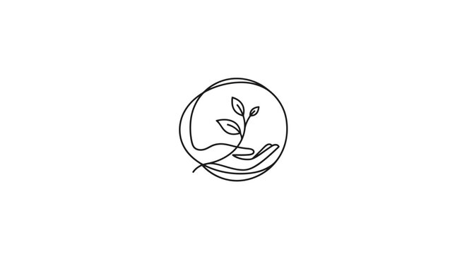 Abstract line art logo with hand nurturing plant growth in circle