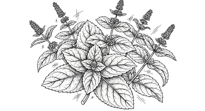 Botanical illustration of mint plant with leaves and flowers
