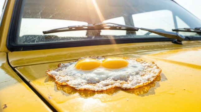 Fried eggs on car hood in sunny weather for summer ads and marketing , El Ni&ntilde;o