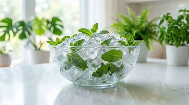 Refreshing mint leaves and ice bowl on a white kitchen countertop , El Ni&ntilde;o