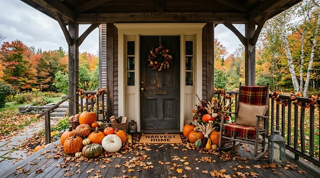 A festive halloween background featuring a decorated front porch with pumpkins and autumn leaves on a cozy fall day
