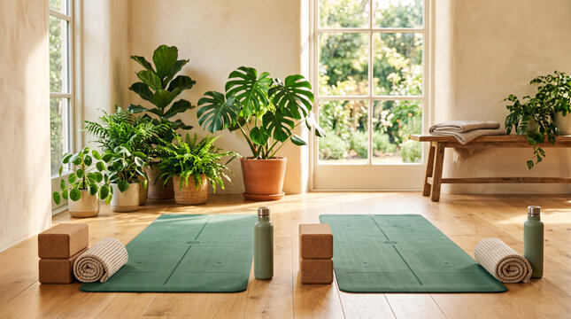 Serene Home Yoga Studio Setup with Green Mats and Potted Plants