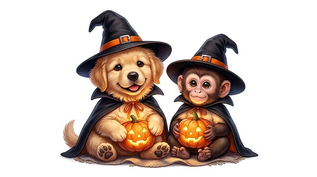 Cute golden retriever puppy and baby monkey wearing witch hats and capes for a fun halloween background design element