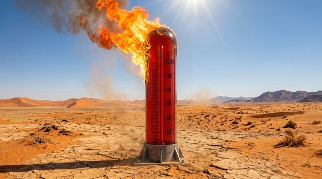 Extreme heatwave scene with burning thermometer in arid desert landscape , El Ni&ntilde;o