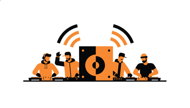Group of four male DJs operating a mixing console with large orange sound waves pulsing above an orange speaker unit.