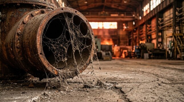 Abandoned industrial pipe covered in spider webs in a decaying factory setting , El Ni&ntilde;o