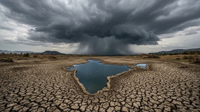 Dramatic dry landscape with stormy sky and cracked earth , El Ni&ntilde;o