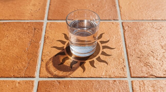 Glass of water on terracotta tiles with sun shadow for summer heat theme , El Ni&ntilde;o