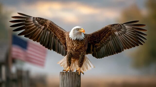 Bald Eagle Landing on Post with Flag Background