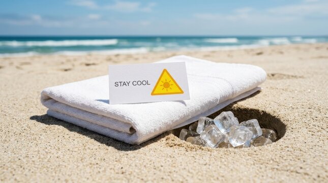 Beach towel with ice cubes and stay cool sign on sandy shore , El Ni&ntilde;o