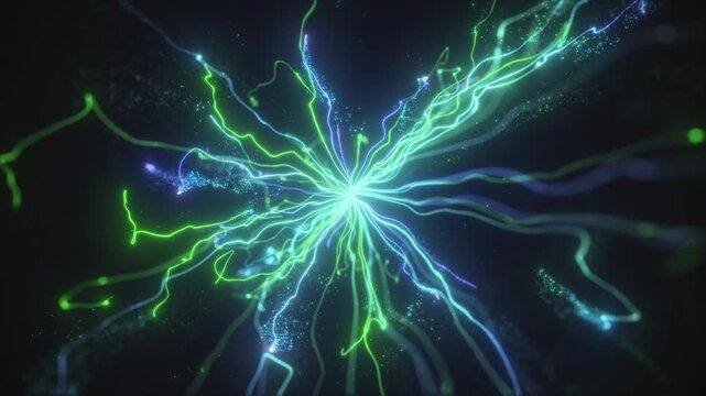 4K Blue Green Electric Particle Explosion with Glowing Light Trails and Sparkles. Futuristic Energy Burst Abstract 3D Motion Graphics Background Video, 2160p