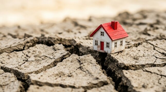 Miniature house on cracked dry earth symbolizing drought and environmental disaster effects , El Ni&ntilde;o