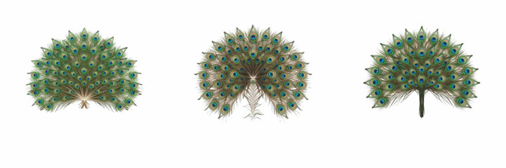 Peacock feather fans and ornamental tail displays in semi circle arrangements isolated on white background wildlife elements © Soor