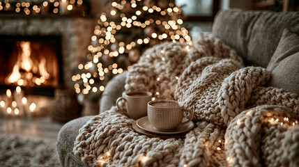 Obraz premium Warm mugs of hot chocolate on cozy knit blanket