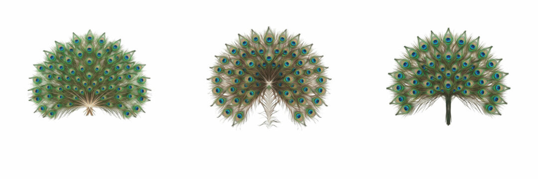 Peacock feather fans and ornamental tail displays in semi circle arrangements isolated on white background wildlife elements