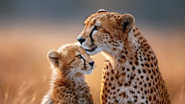 Mother Cheetah Licking Cub Clean on Savanna