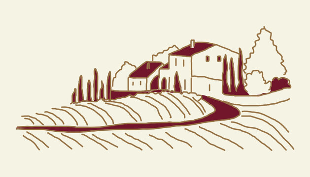Handdrawn wine illustrator with vineyard landscape villa and cypress trees