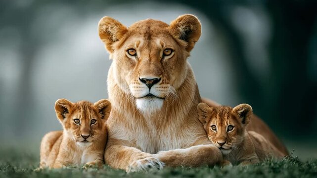 Lioness Nursing Three Cubs at Sunrise