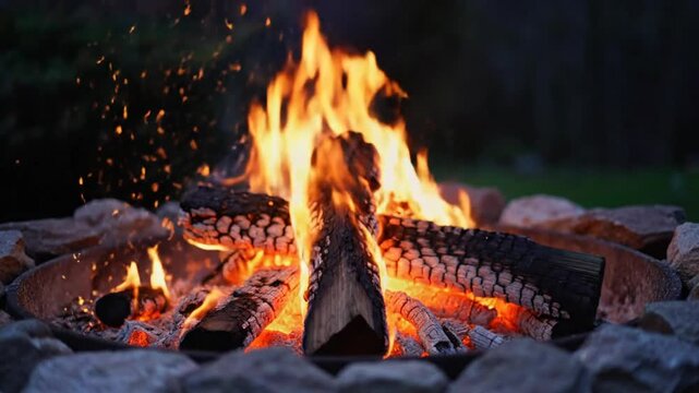 Cozy campfire burning brightly with sparks rising in a backyard fire pit during the evening
