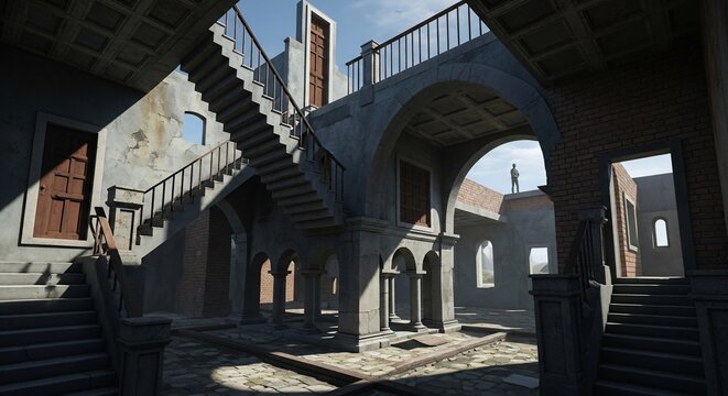Architectural structure with complex staircases and arches creates a surreal spatial illusion.
