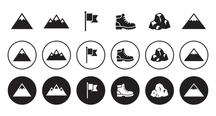 Mountain hiking boot and rock icons in black silhouettes against a white background © Millat_H