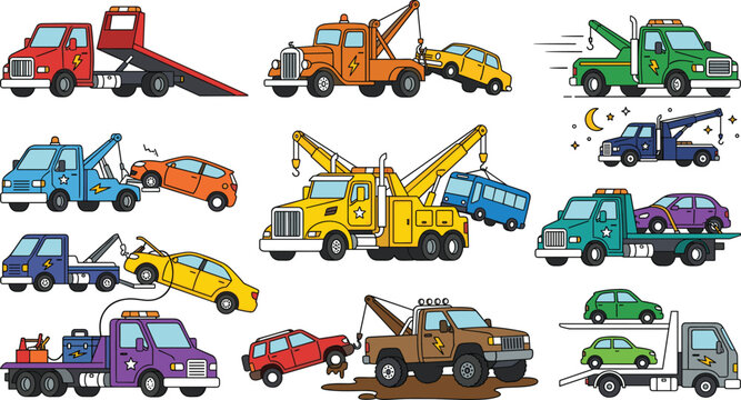Tow truck collection featuring flatbed recovery trucks, wheel lift wreckers, heavy duty towing vehicles, roadside assistance, and vehicle rescue vector illustration set